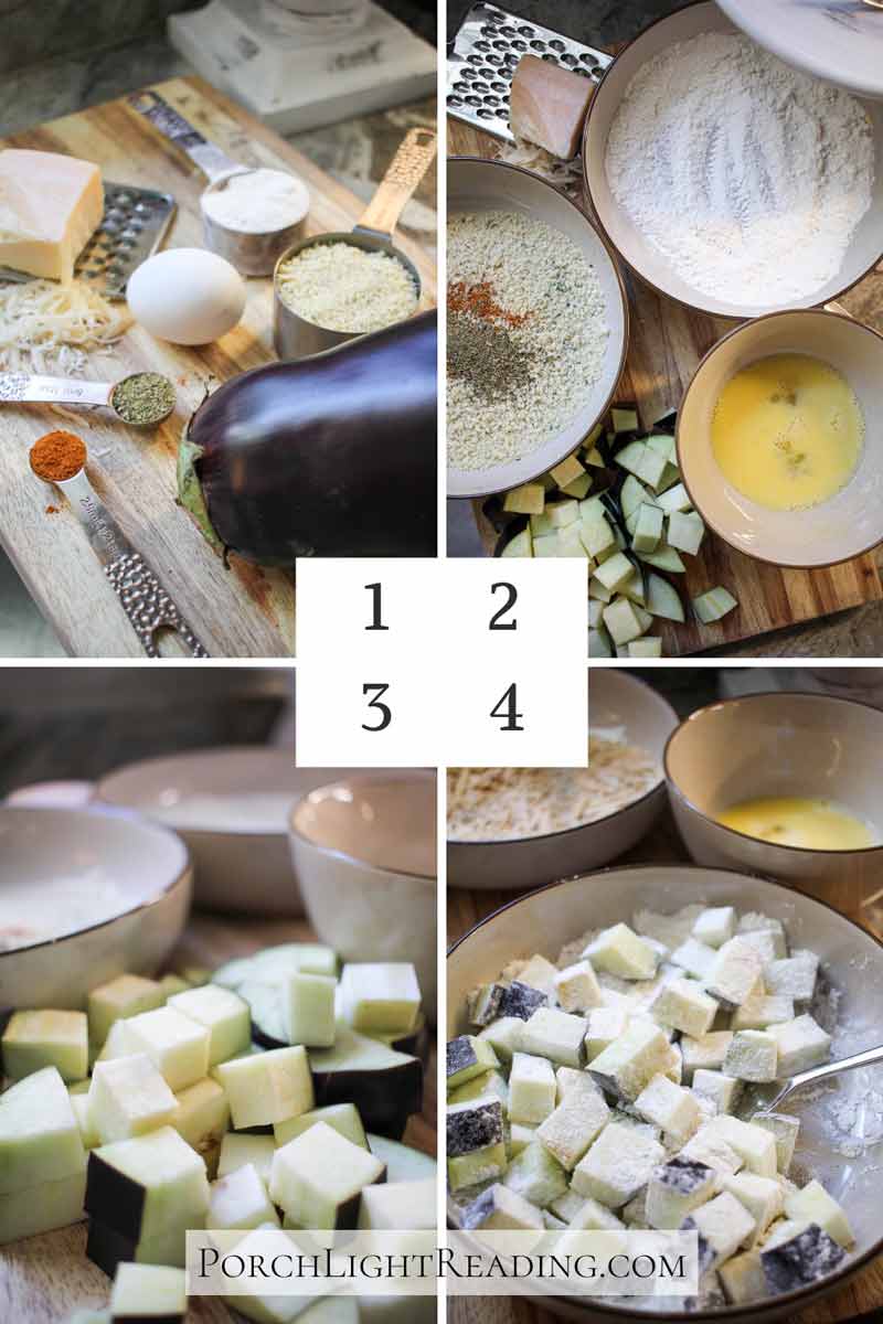 Cooking steps 1-4 for air fryer eggplant bites.