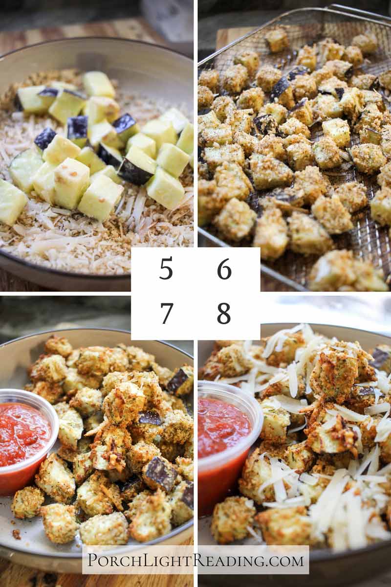 Step 5-8 of making crispy eggplant bites. 