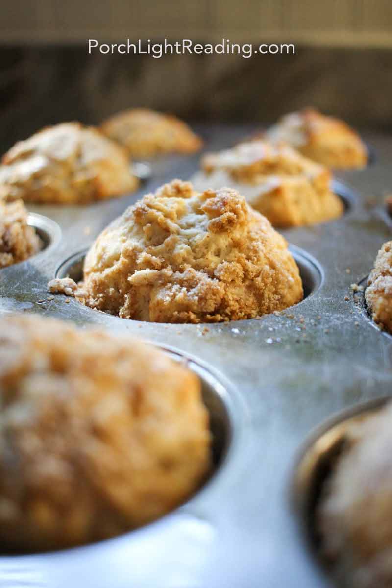 Freshly baked muffins in a muffin tin. 