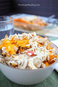 Butternut squash bowl with chicken and rice.