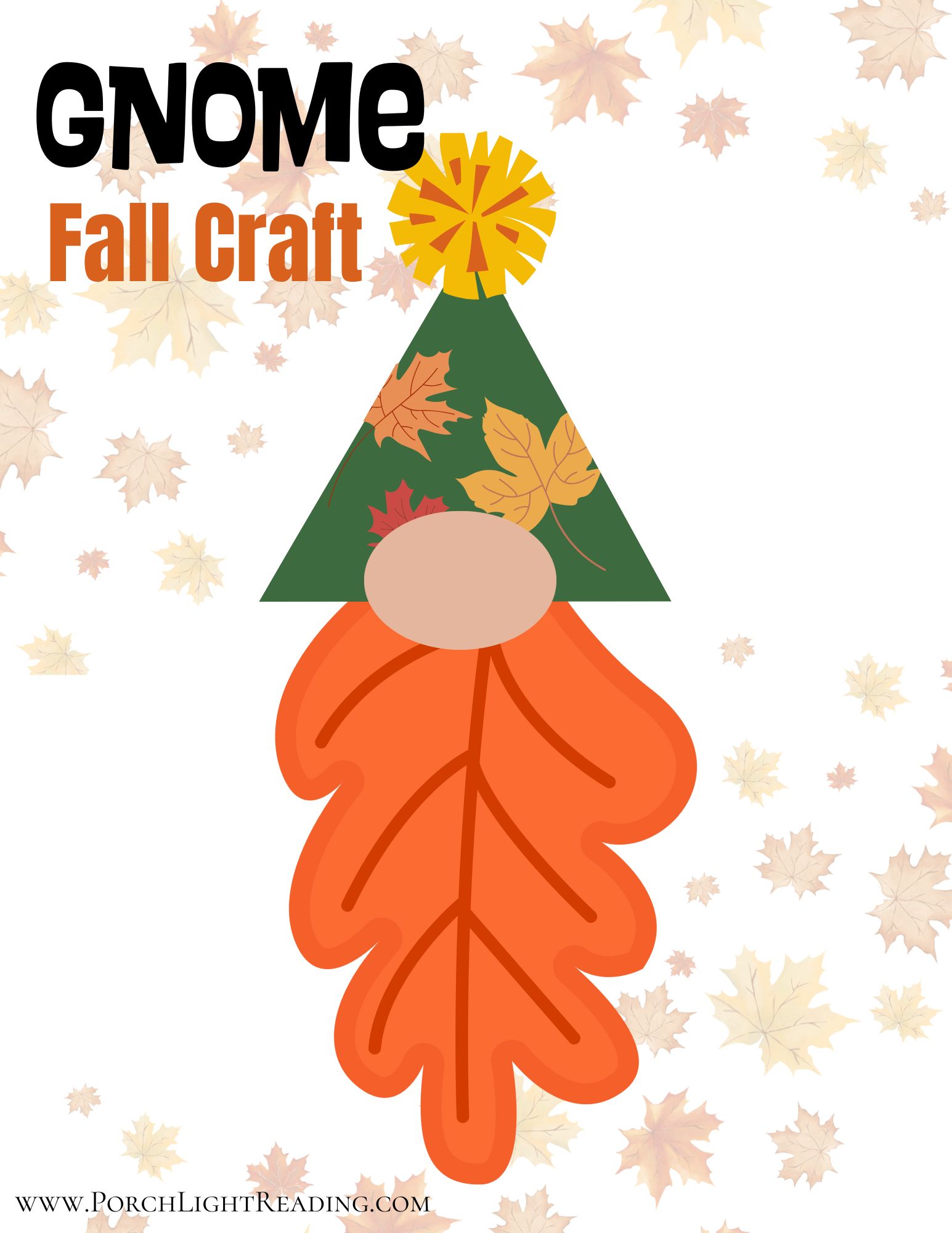 Gnome kids craft color and cut out example with leaf gnome. 
