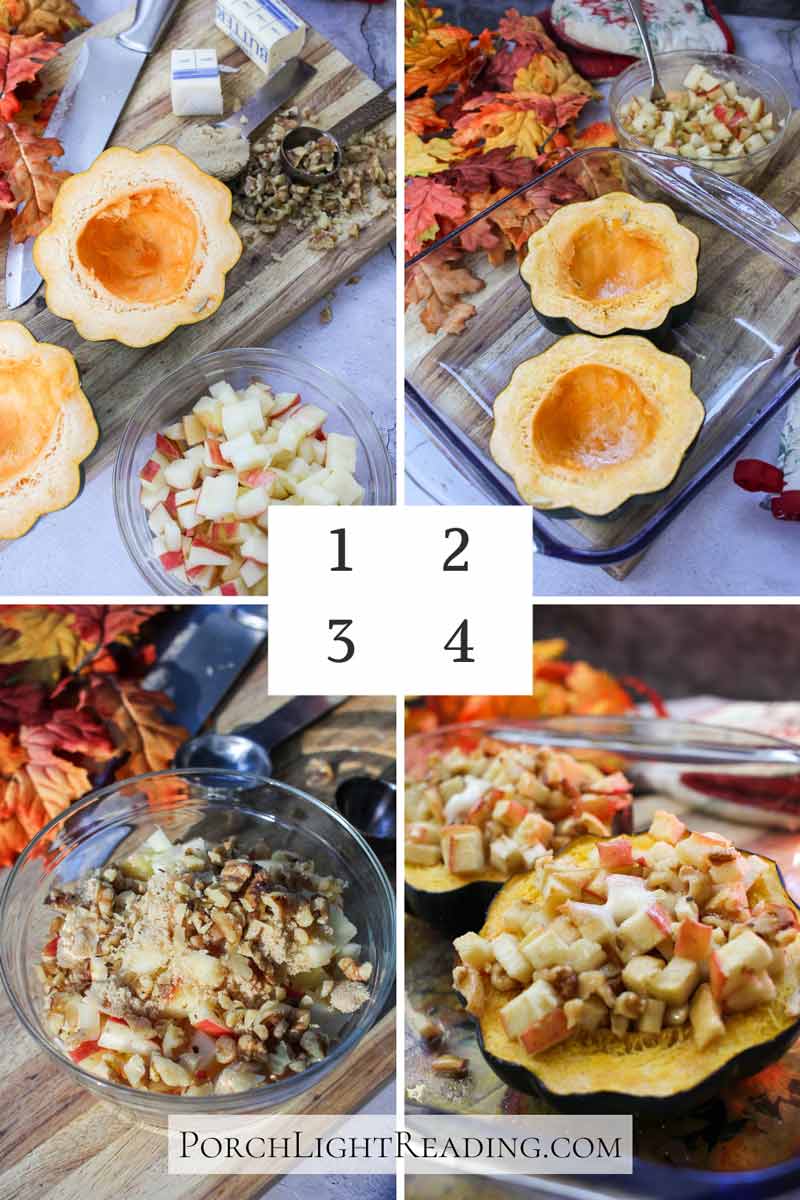 Step by step photo directions. Cut acorn quash in half. Remove seeds, mix apples, stuff and bake. 