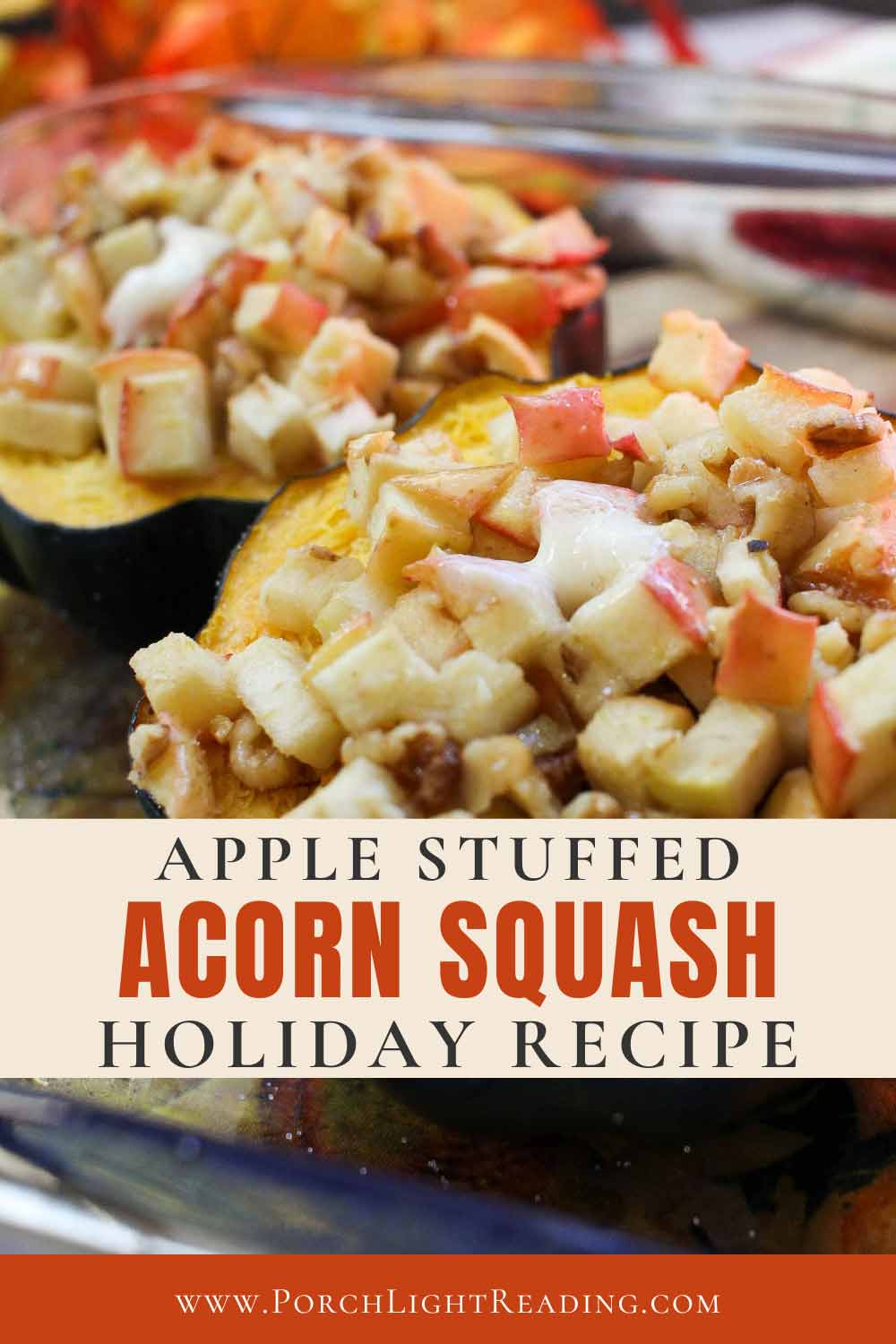 Apple stuffed acorn squash Pinterest pin for sharing on social media. 