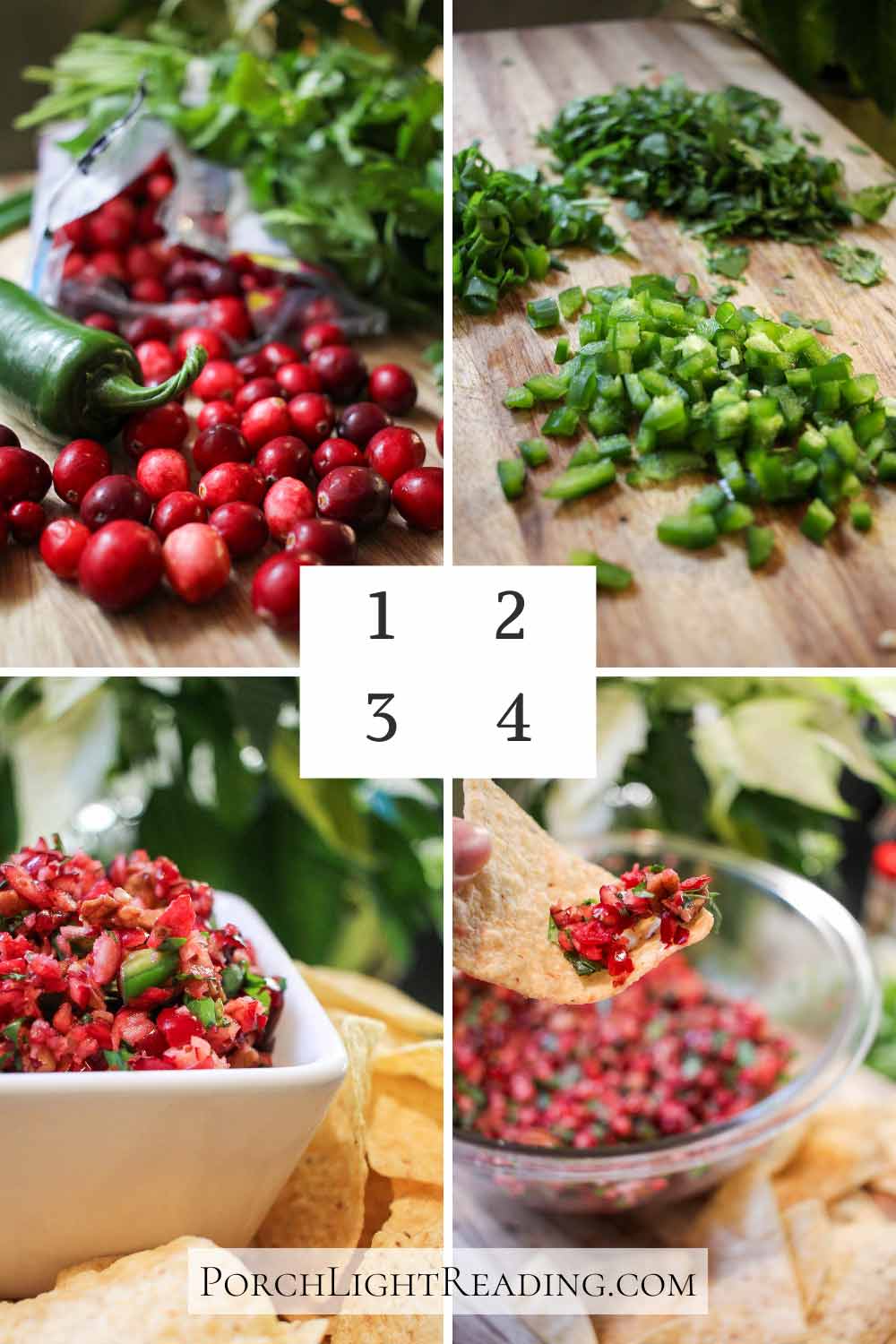 Ingredients used for the salsa including cranberries, jalapeños, cilantro, green onions, lime, and pecans. 