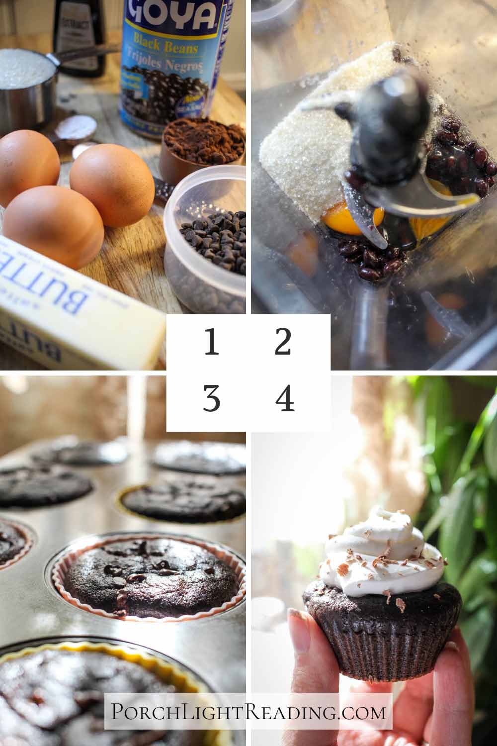 Steps 1-4. Gathering ingredients, blending, filling, and baking. 