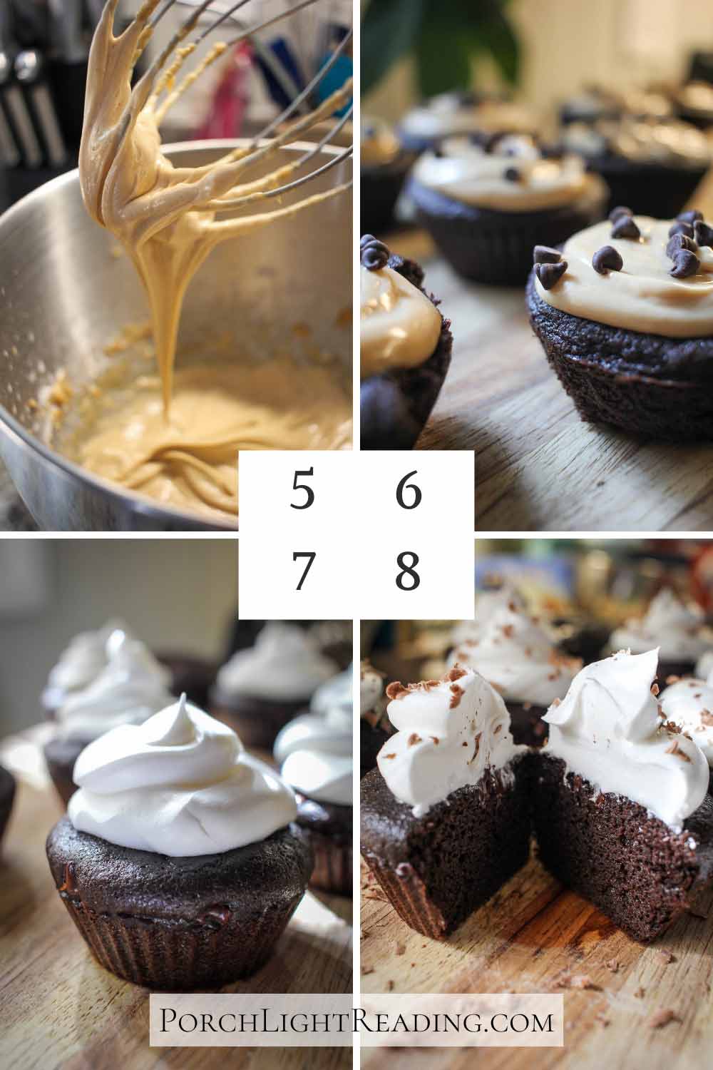 Steps 5-8. Making frosting, frosting the tops, spiting the cupcakes in half. 