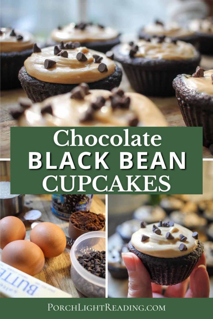 Chocolate black bean cupcakes topped with peanut butter frosting and chocolate chips.