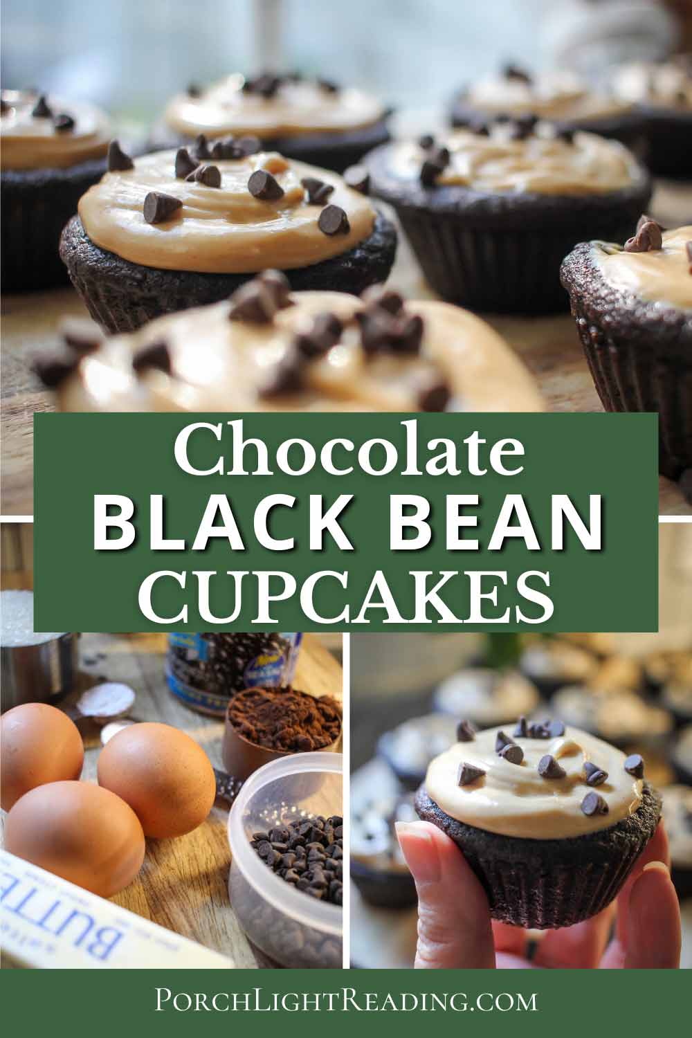 Chocolate black bean cupcakes topped with peanut butter frosting and chocolate chips.
