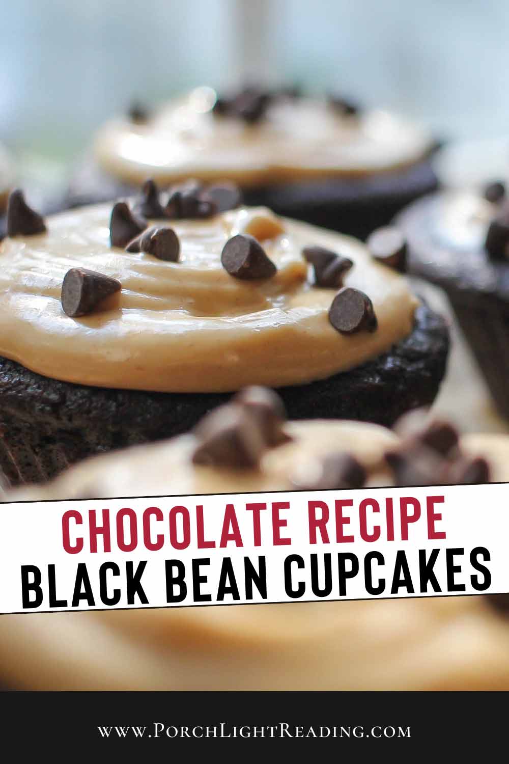 Chocolate black bean cupcake Pinterest Pin for social sharing. 