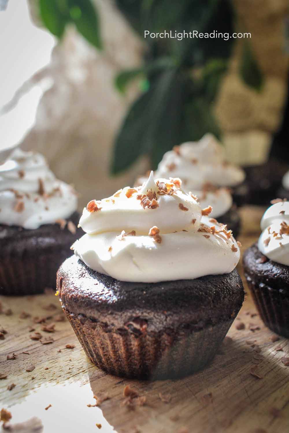 Close up of homemade cupcakes with a cool whip topping. 