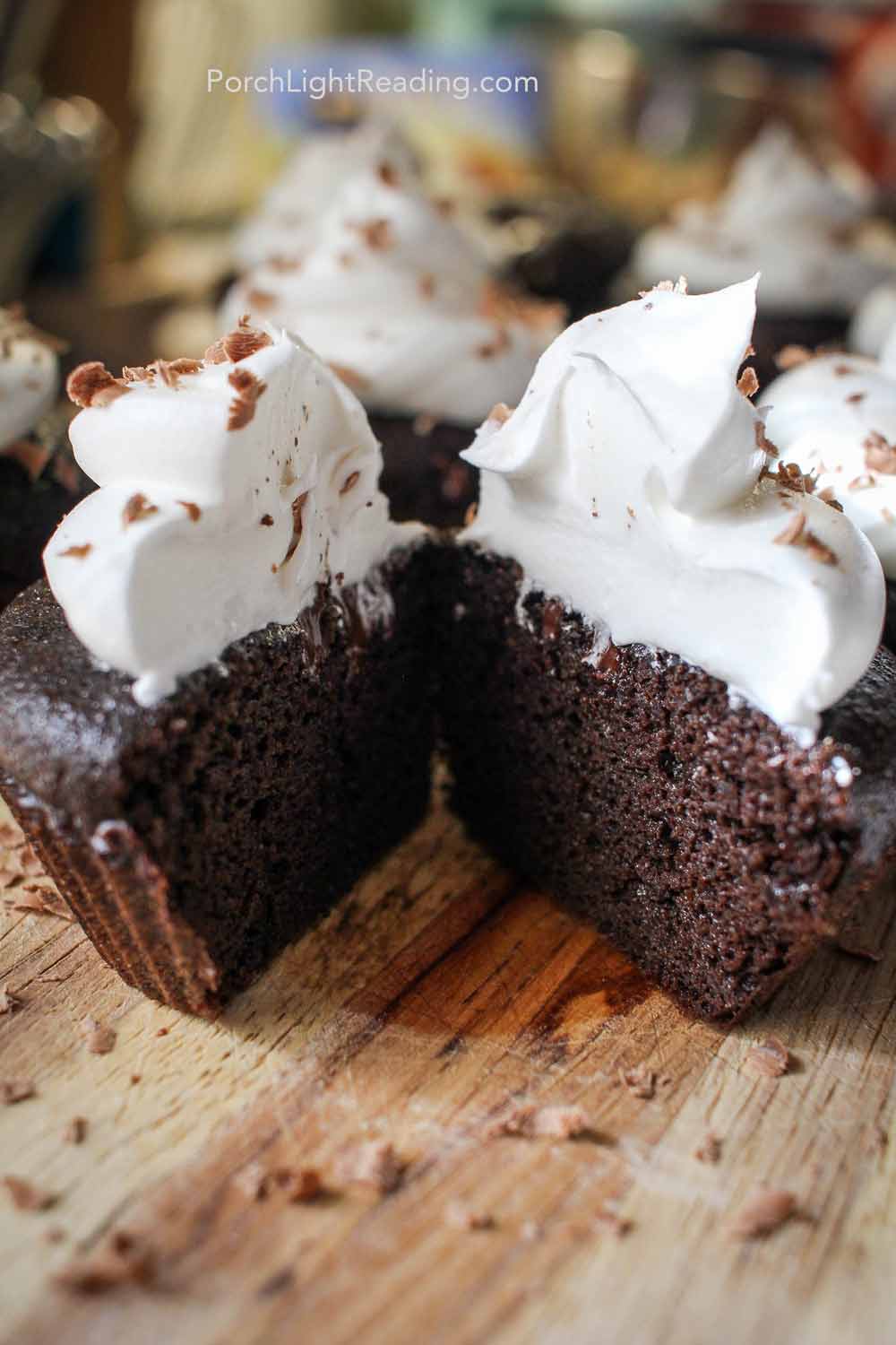 Black bean cupcakes split in half to show how moist it is. 