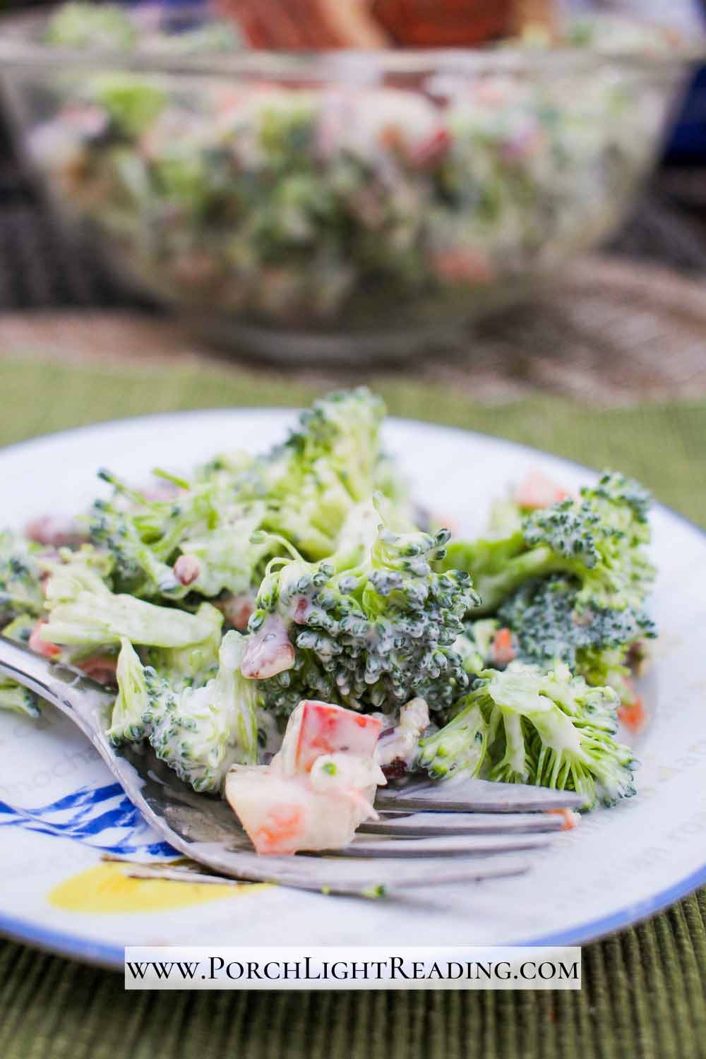 Creamy yogurt dressing on a few bits on broccoli on a white serving dish with silver fork. 
