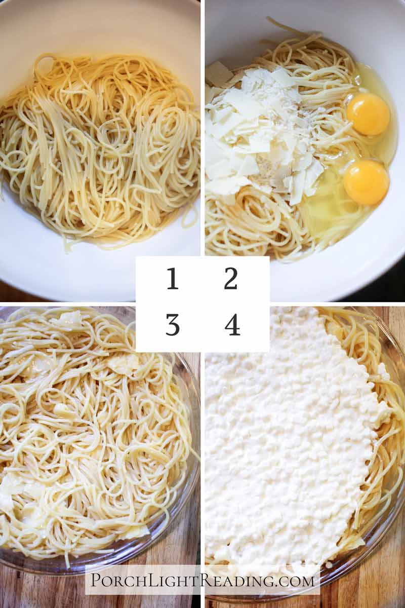 Spaghetti pie ingredients and instructions. 