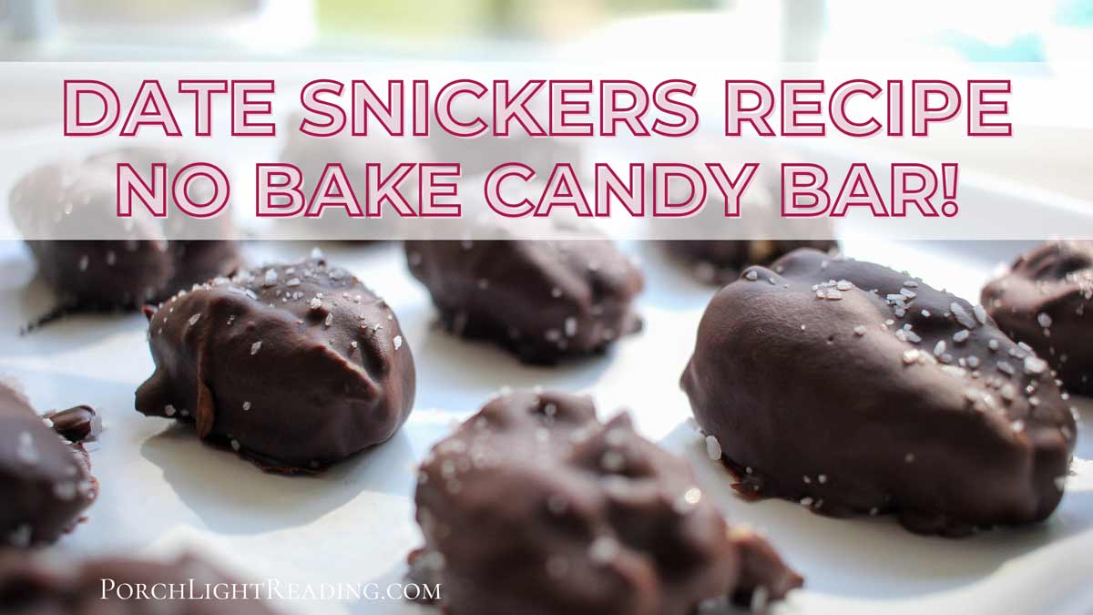 Date snickers on a white serving plate.