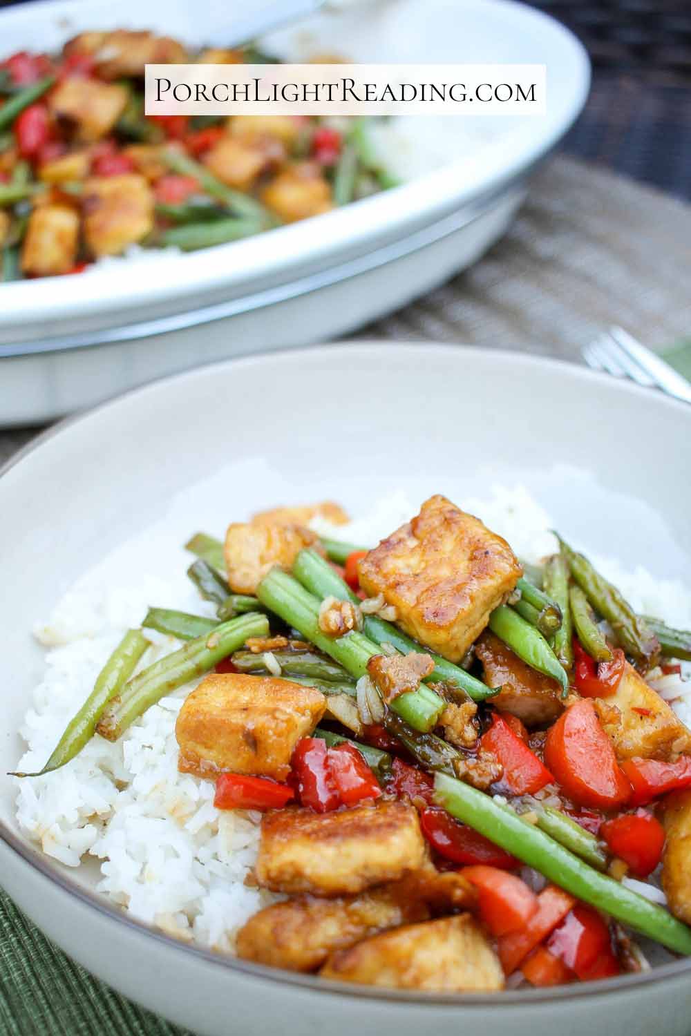 Large sharable dish of tofu stir fry. 