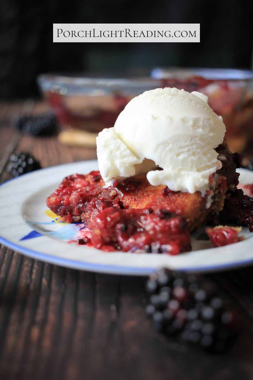 Homemade cobbler topped with vanilla ice cream. 