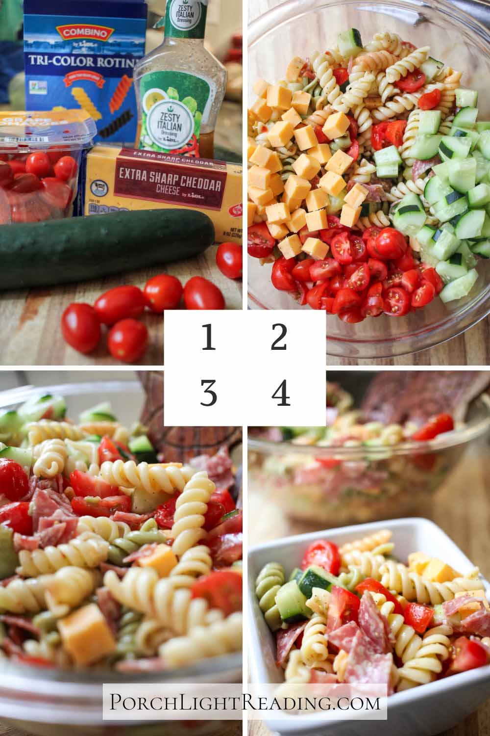 Steps for making pasta salad. Gathering ingredients, chopping vegetables, and tossing the salad. 