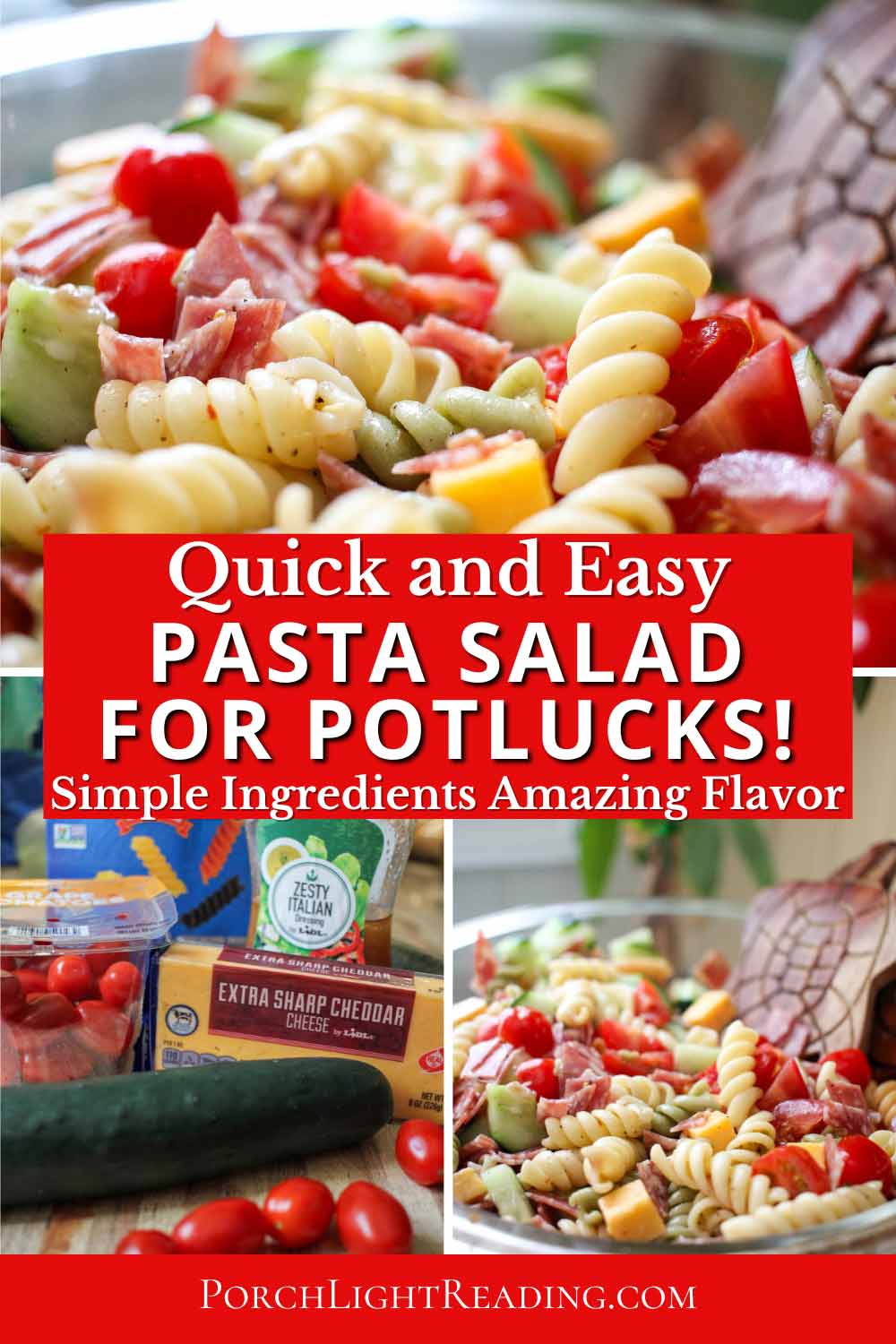 Pasta salad Pinterest pin for social sharing. 