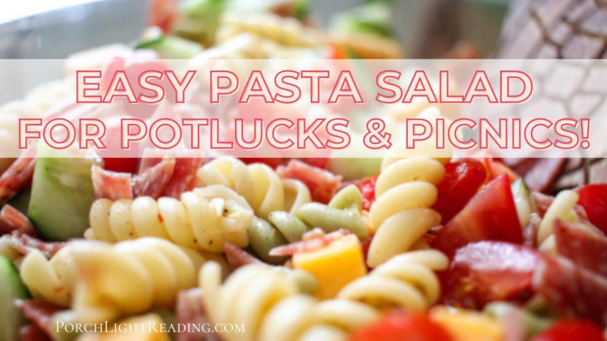 Pasta salad with vegetables on a horizontal photo with the words, easy pasta salad. 