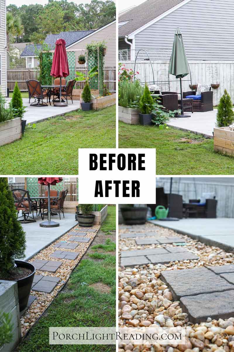 Before and after patio paver project with a muddy lawn tuner into a usable space. 