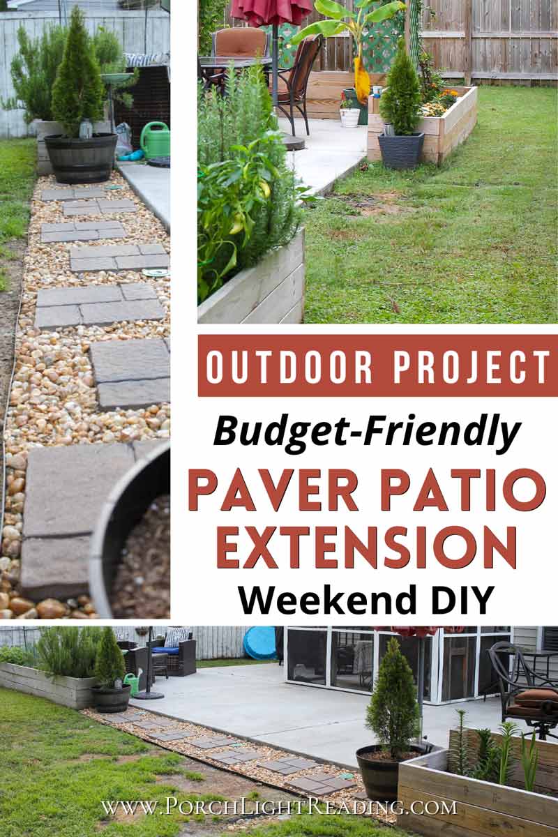 DIY Paver patio extension Pinterest pin for social sharing. 