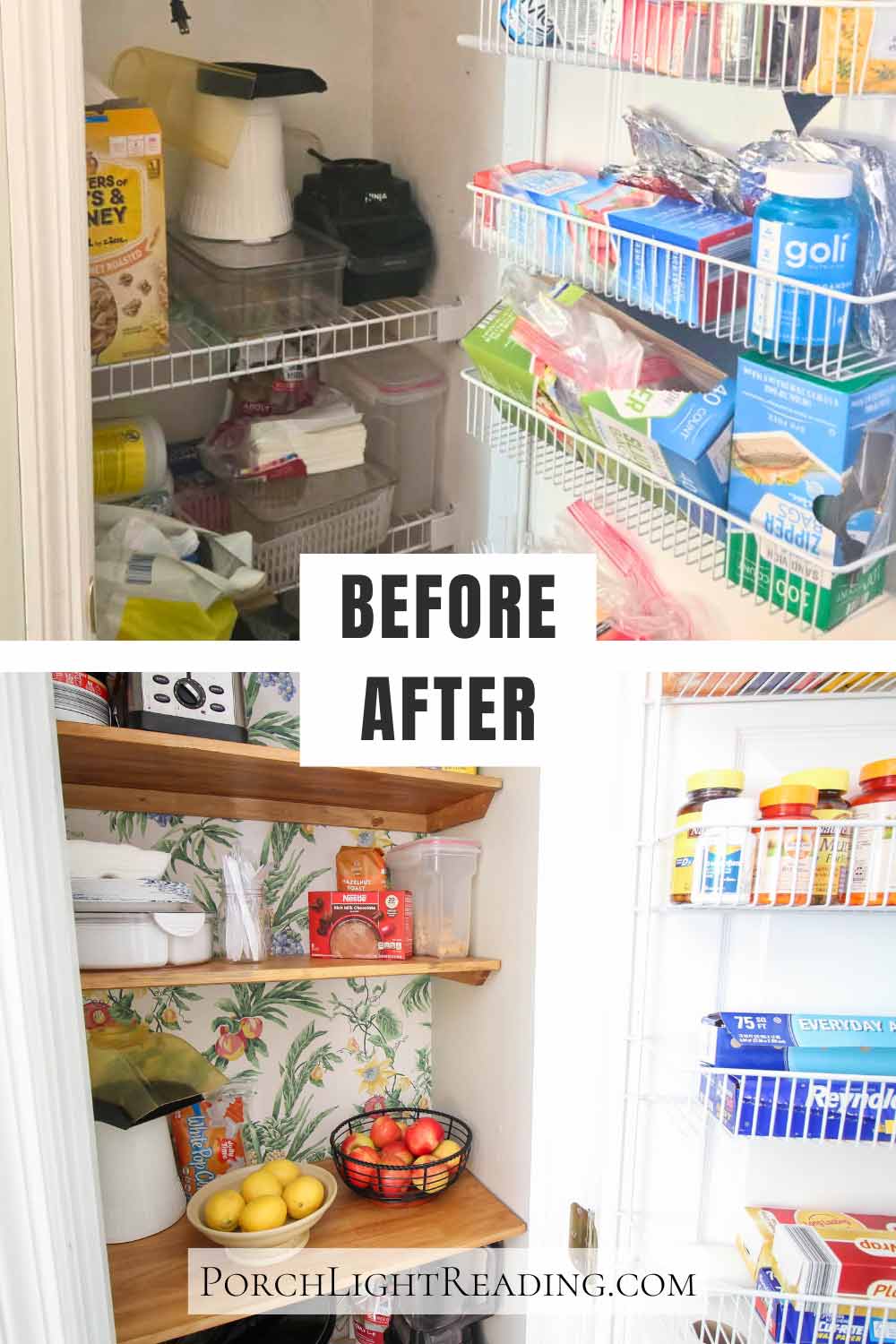 Small pantry makeover before and after. Messy wire racks to organized wooden shelves. 
