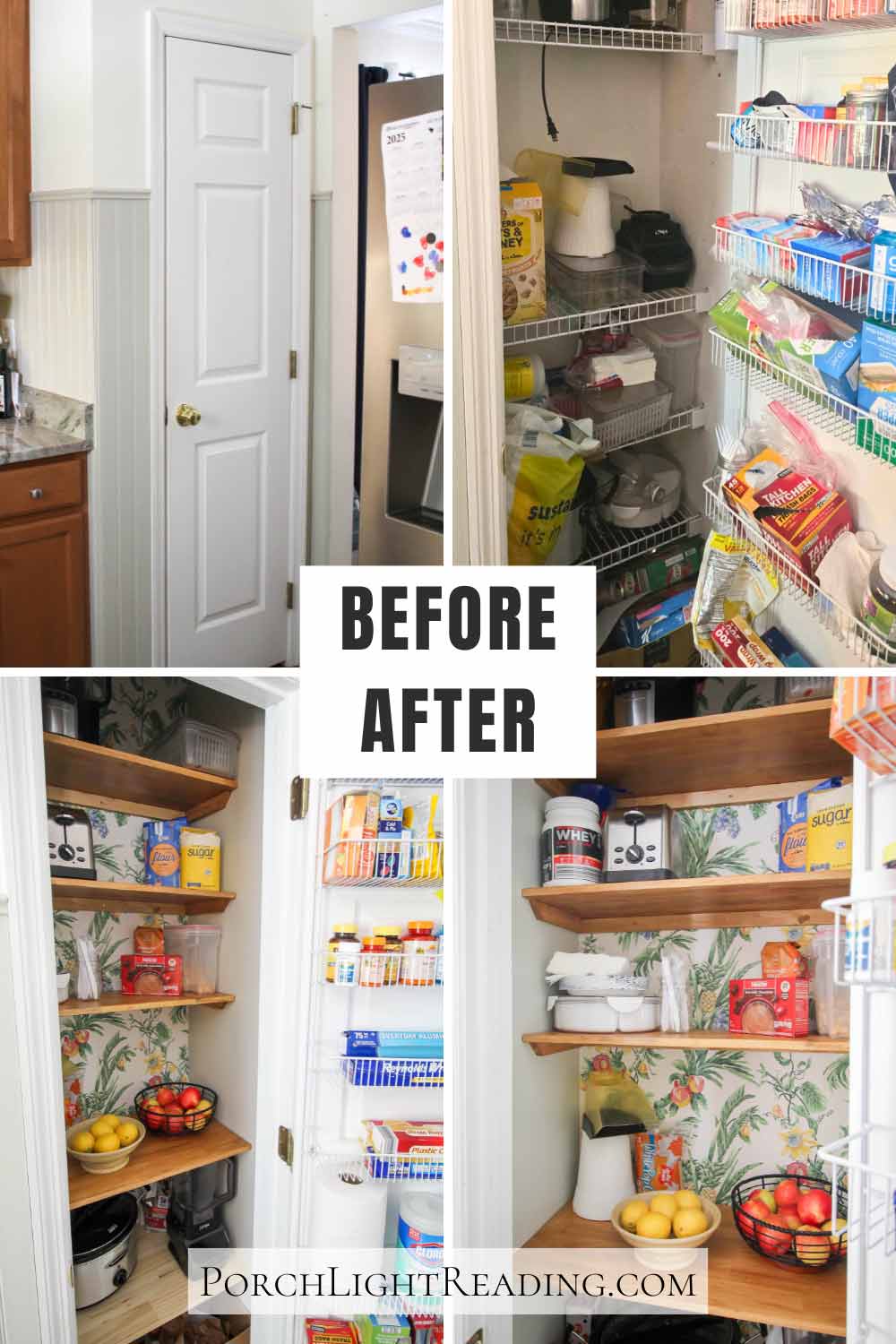 Before and after the small pantry makeover. Wire racks to wooden DIY shelving. 