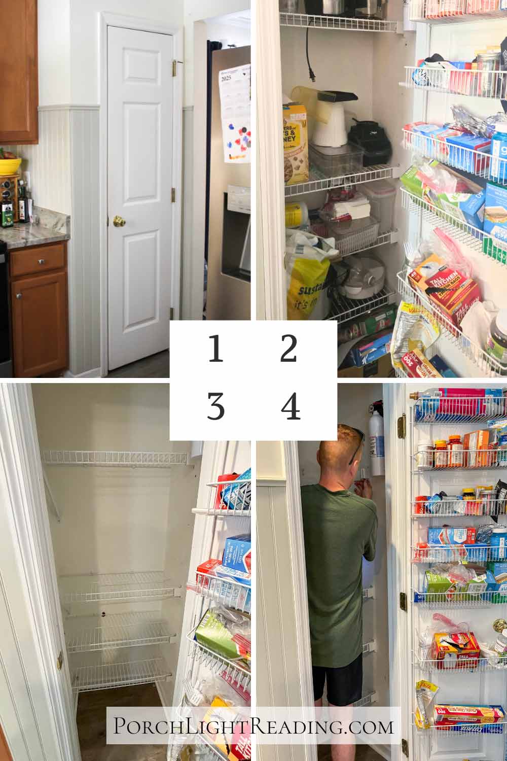 Steps 1-4 on how to remove a wire pantry and replace with wooden shelves. 