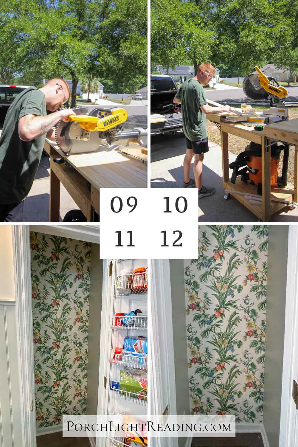 Steps 9-12. Cutting the shelving to size and wallpapering the narrow pantry. 