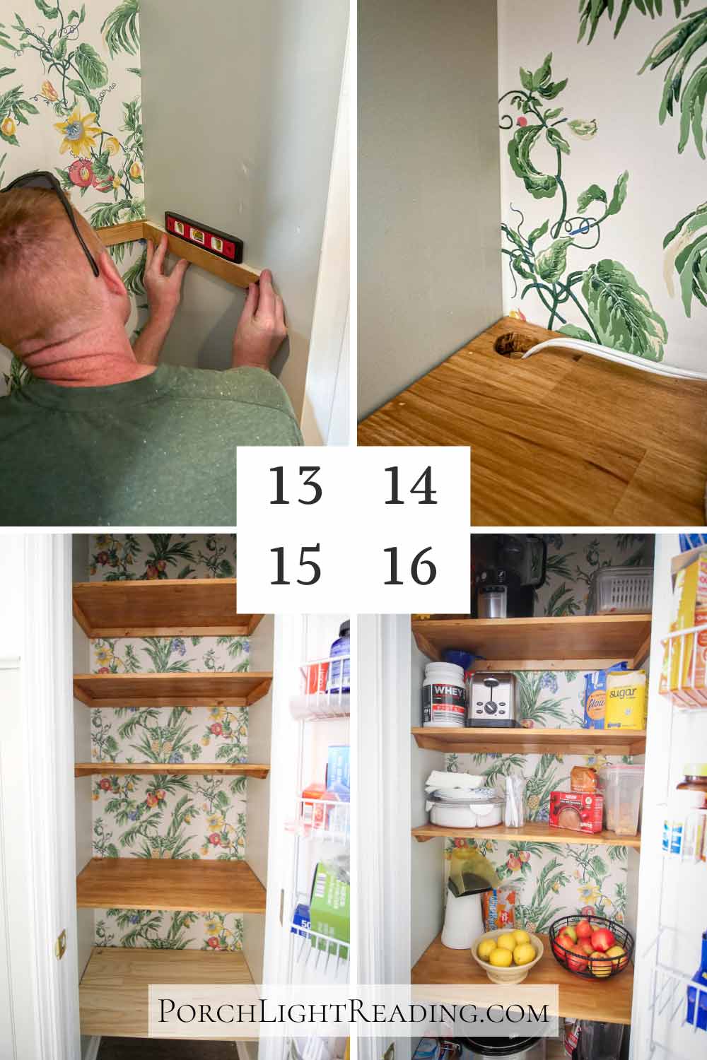 Steps 13-16. Securing the supports, drilling the appliance hole, and nailing the wooden pantry shelving.  