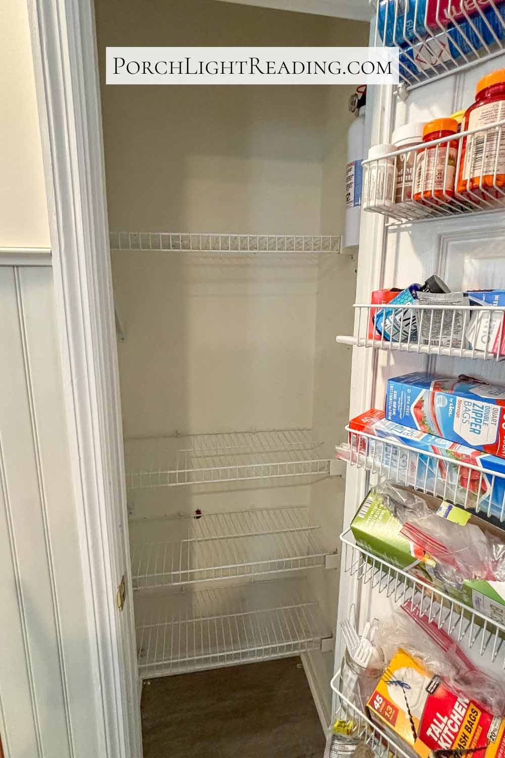 Four wire pantry racks in a narrow pantry closet. 