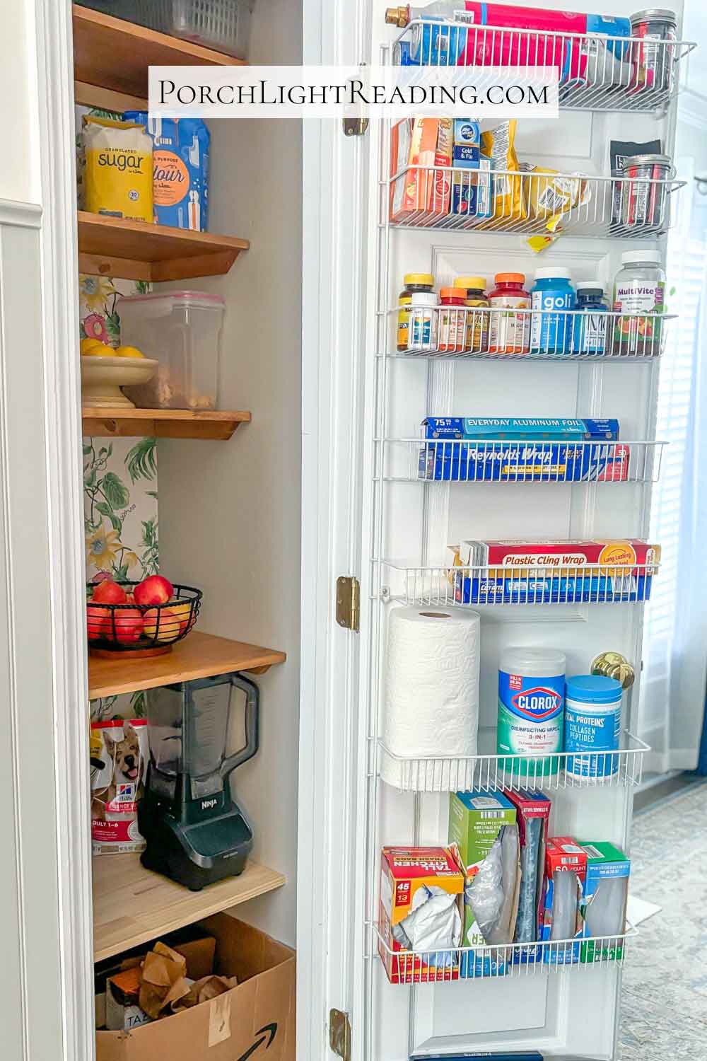 Over the door pantry rack organized with everyday items. 