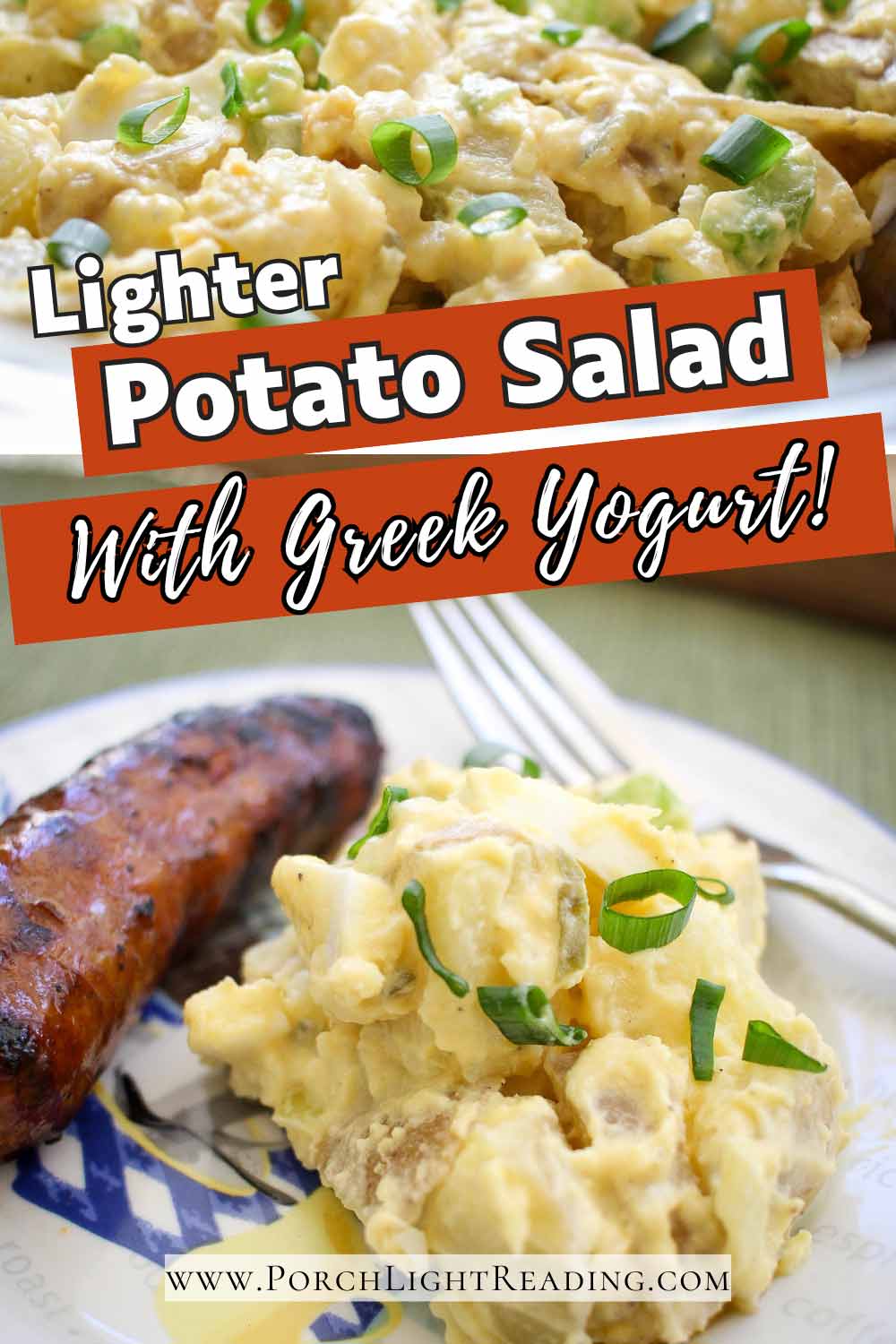Lighter potato salad with Greek yogurt Pinterest pin for social sharing. 