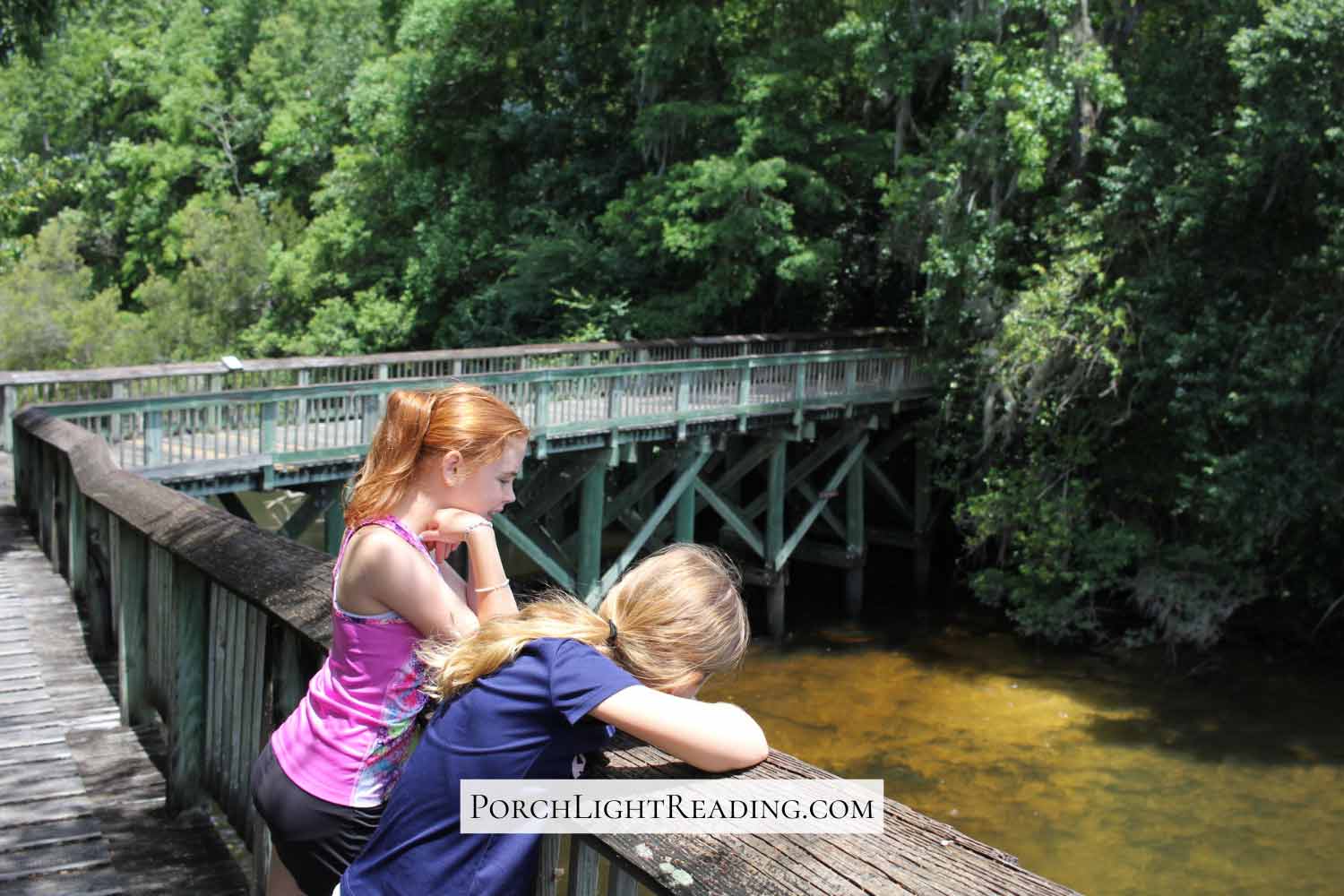 Boardwalk over the river with two sister looking at the turtles below. 