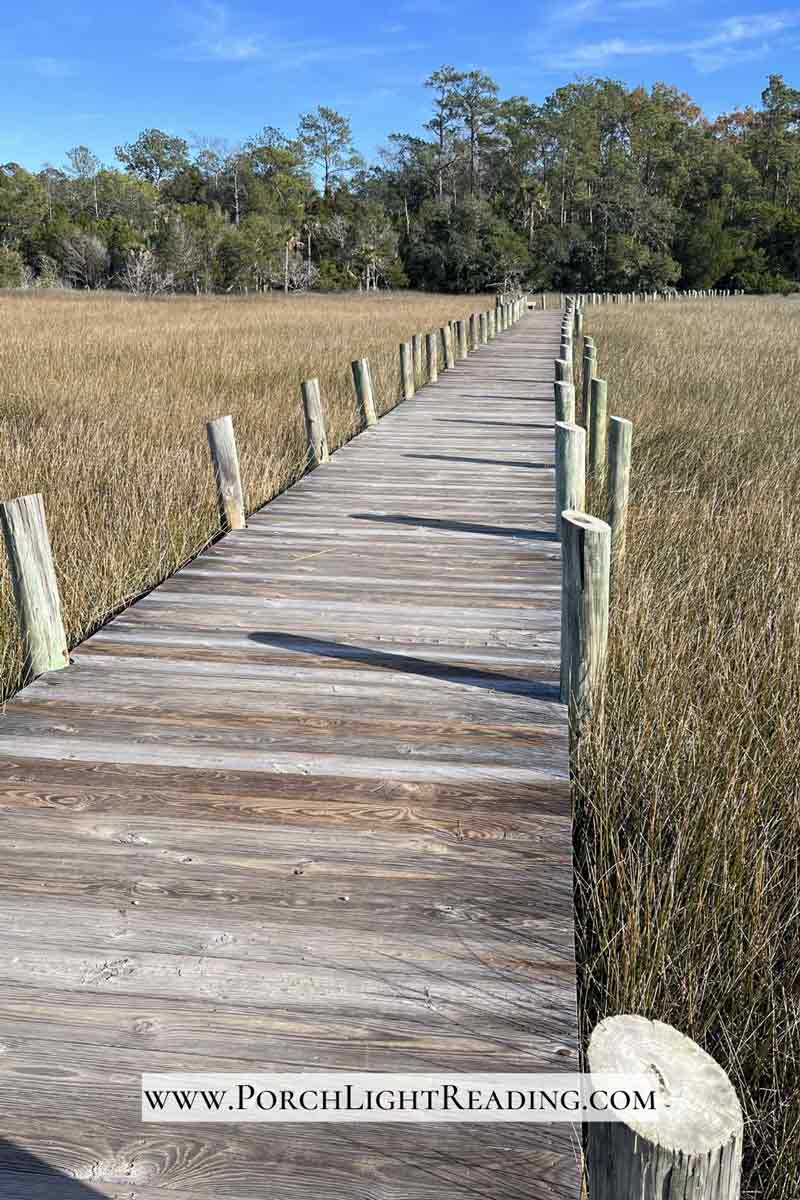 Wooden boardwalk over the marsh. 
