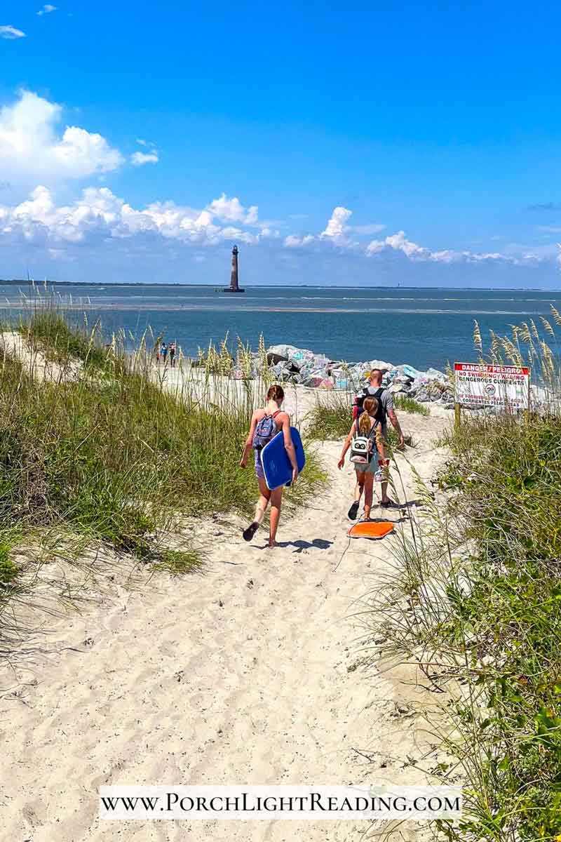 Walking the sandy path to view the Morris Island Lighthouse. 