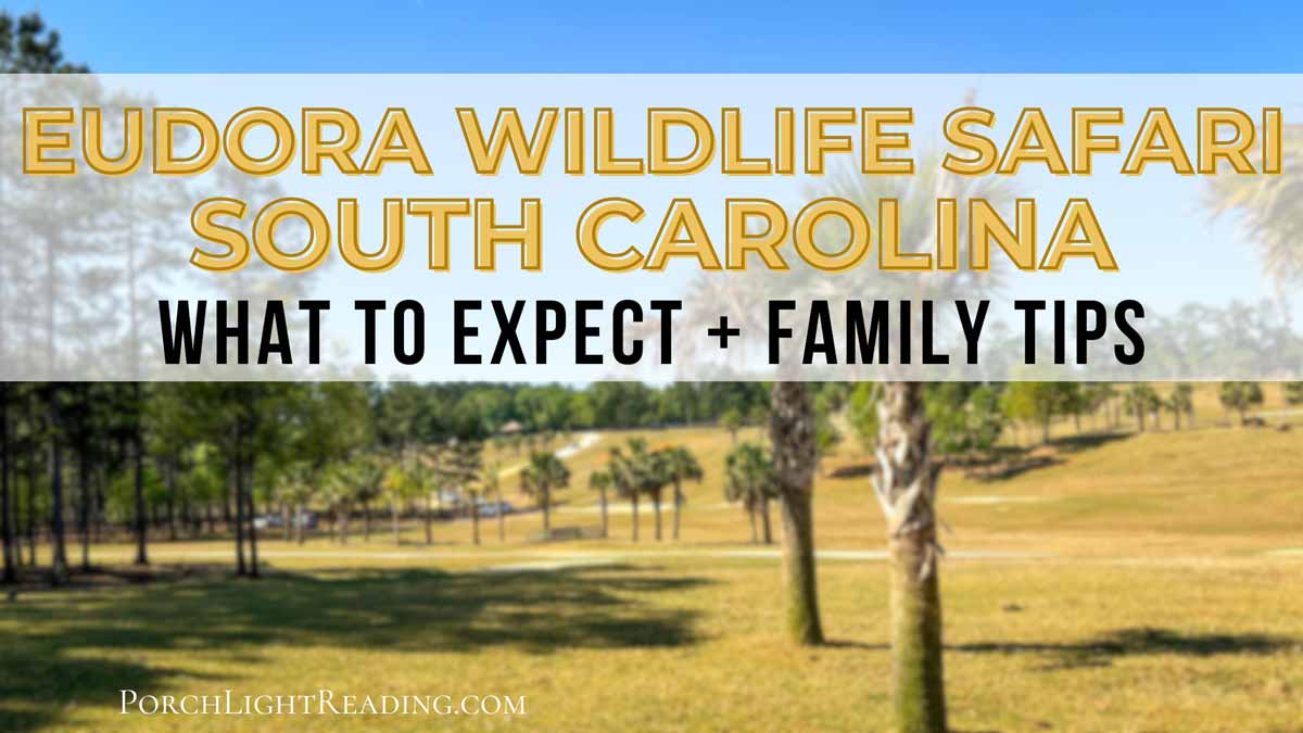 Palmetto tress and safari drive with the text overlay, Eudora Wildlife Safari South Carolina + What to expect and family tips!
