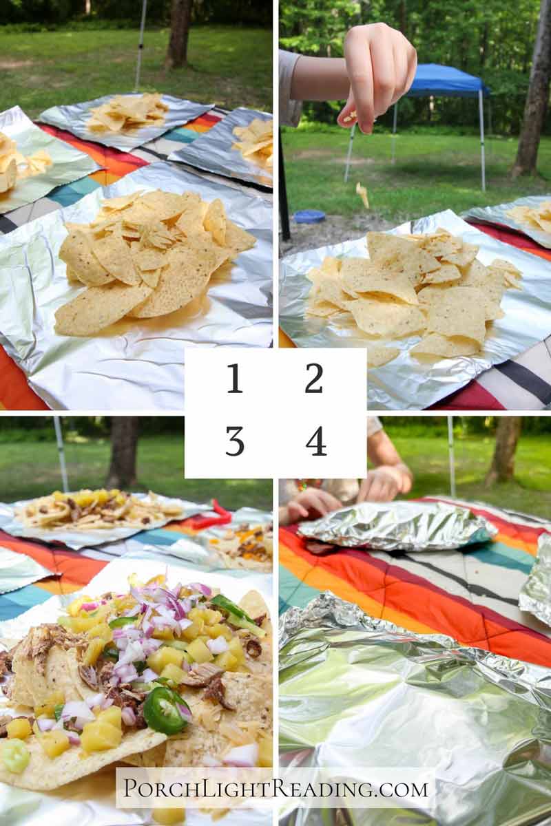 Steps 1-4. Spread tin foil. Sprinkled cheese, loaded veggies, made a packet. 
