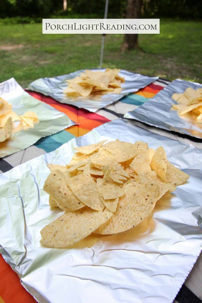 Using tin foil as the plate for tortilla chips. 