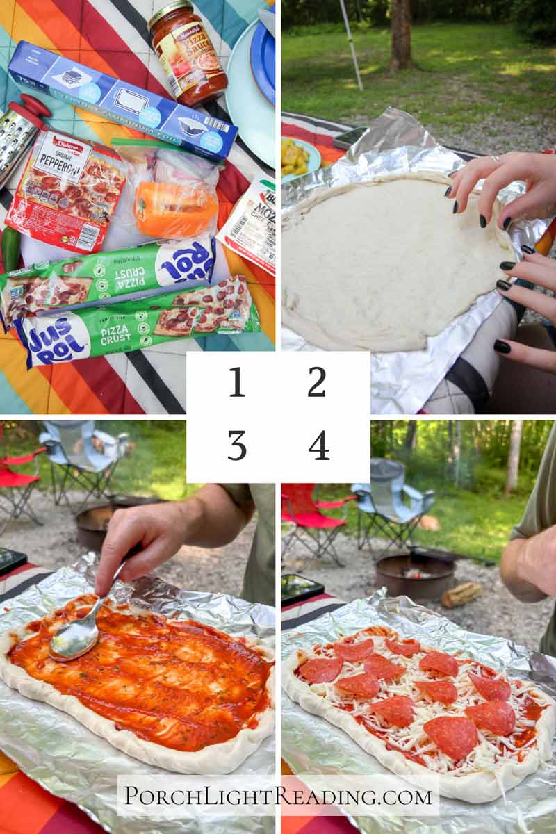 Steps 1-4 of Campfire pizza recipe. Gathering ingredients, shaping the dough, adding sauce and toppings. 