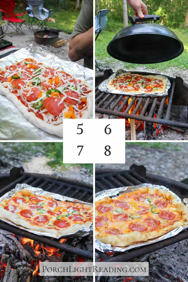 Steps 5-8 of Campfire pizza recipe with cooking it over the campfire on tin foil, adding a heat safe cover, allowing to cook. 