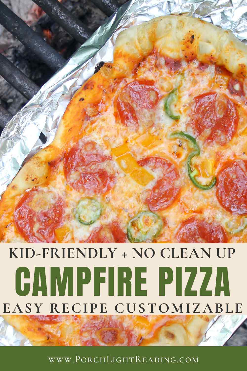 Campfire Pizza Recipe Pinterest pin for social sharing. 