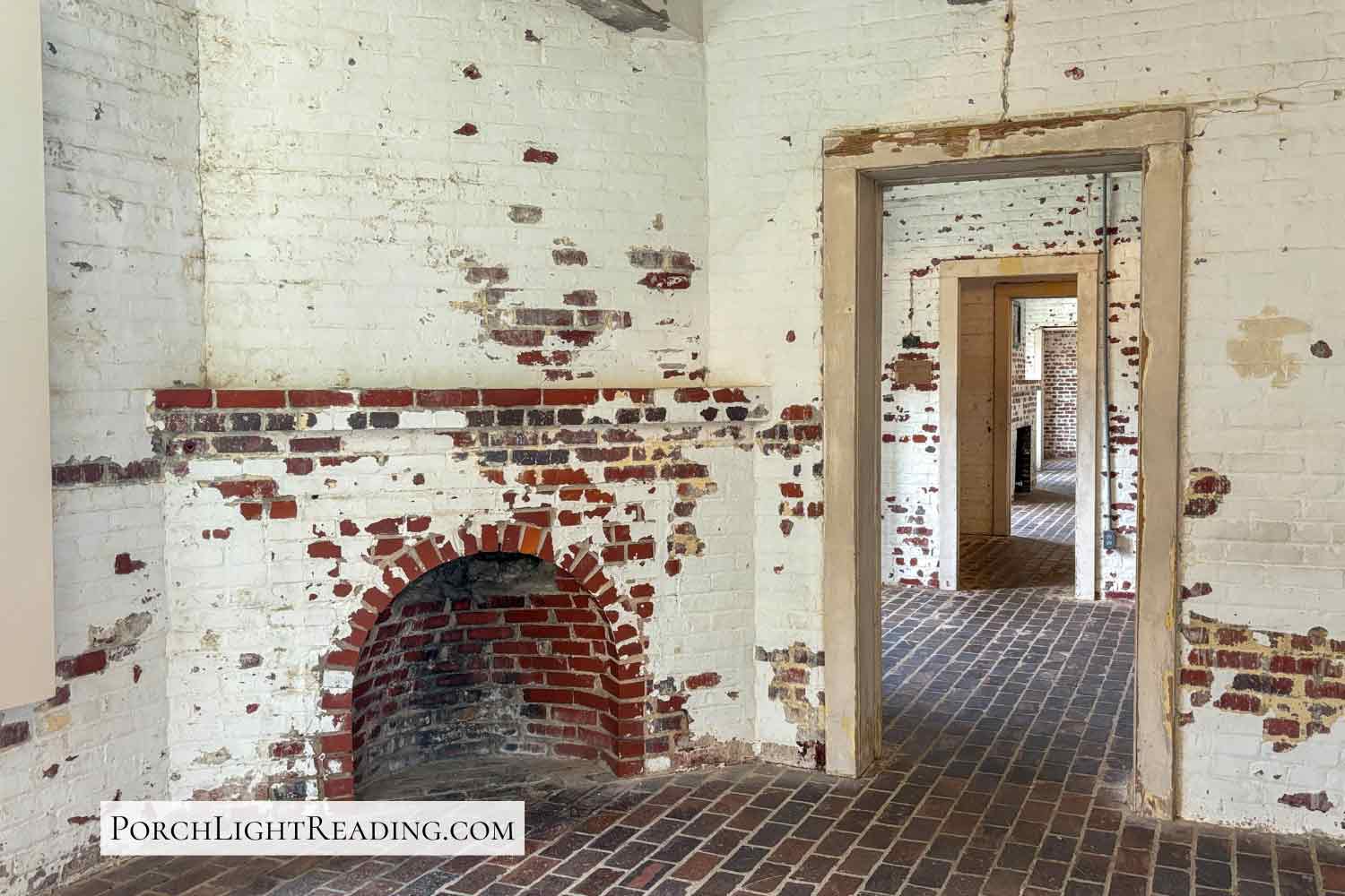 Rustic fireplace inside one of the many rooms of the castle at Huntington Beach State Park. 