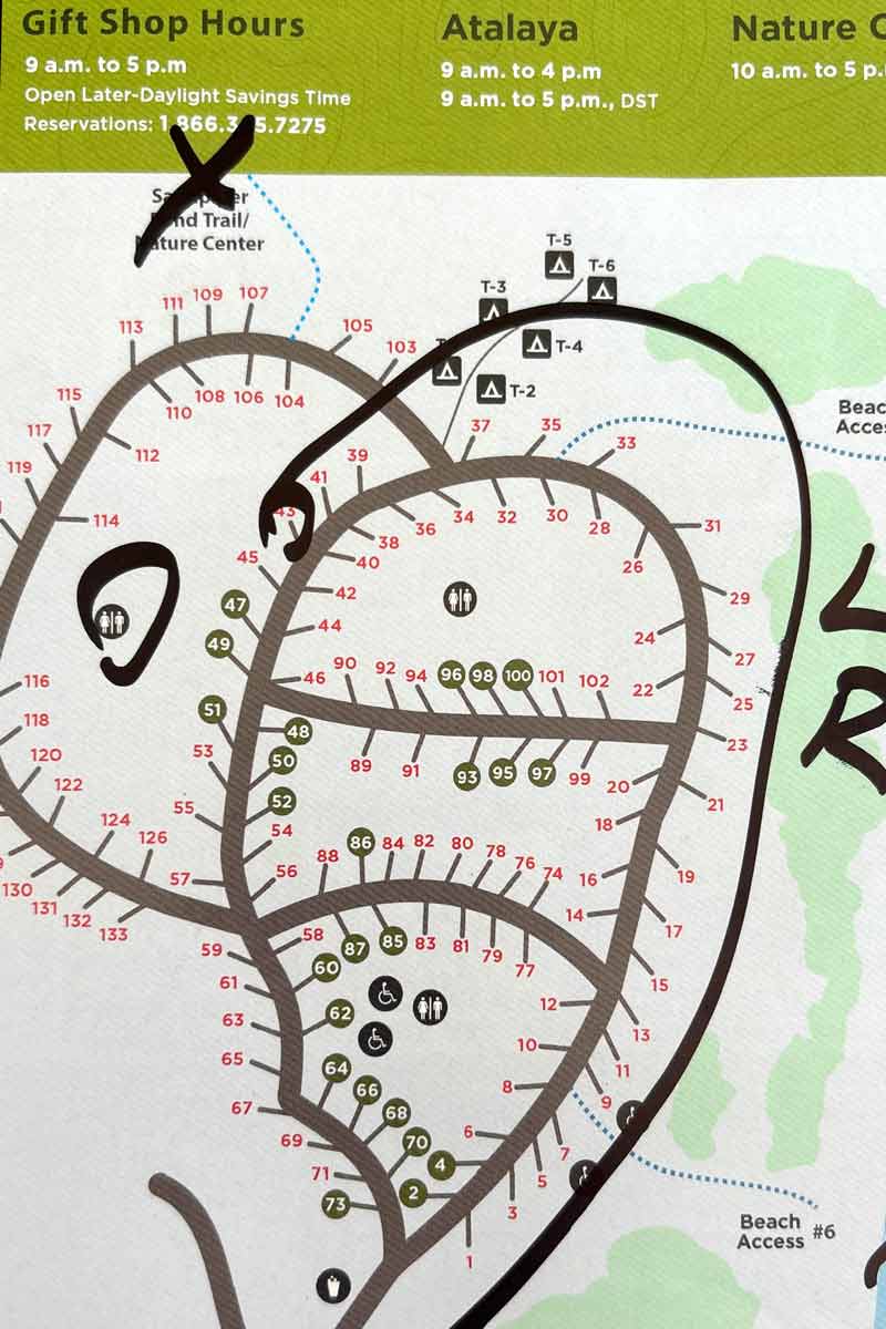 Map of the North Campground at Huntington Beach State Park. 