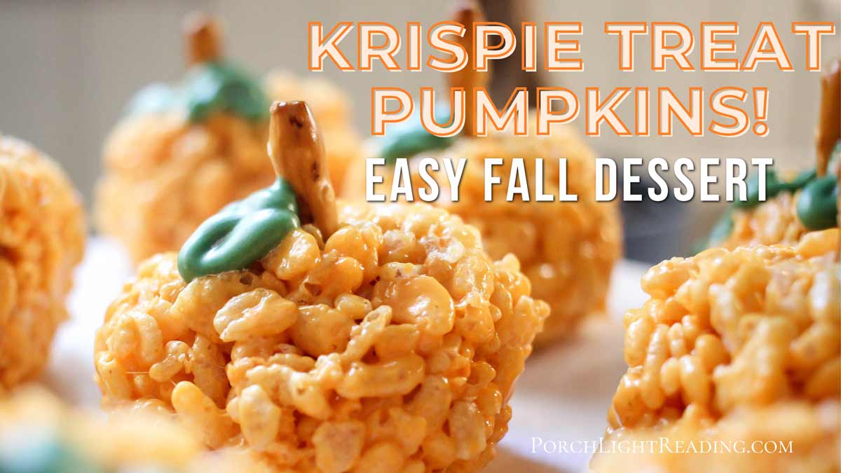 Bright orange Krispie Treat Pumpkins with bright light coming from the side.