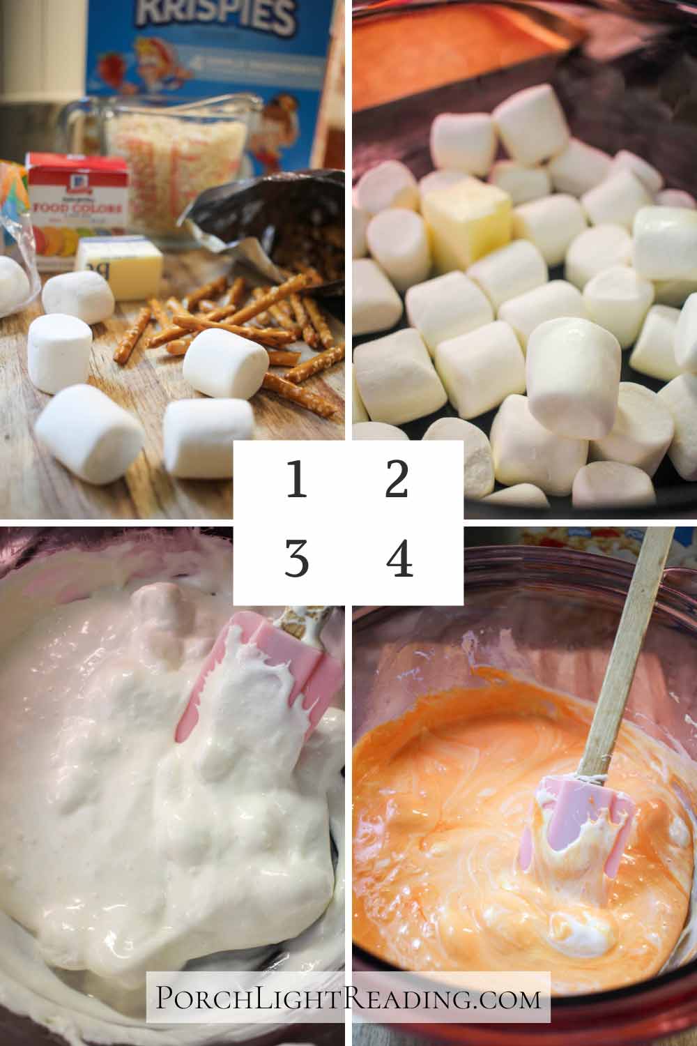 Steps 1-4 of making Krispy Treat Pumpkins for fall.
