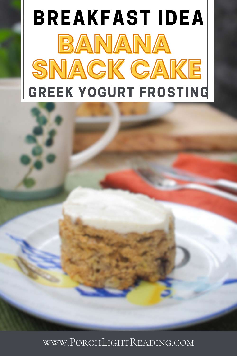 Banana snack cake Pinterest Pin for social sharing.