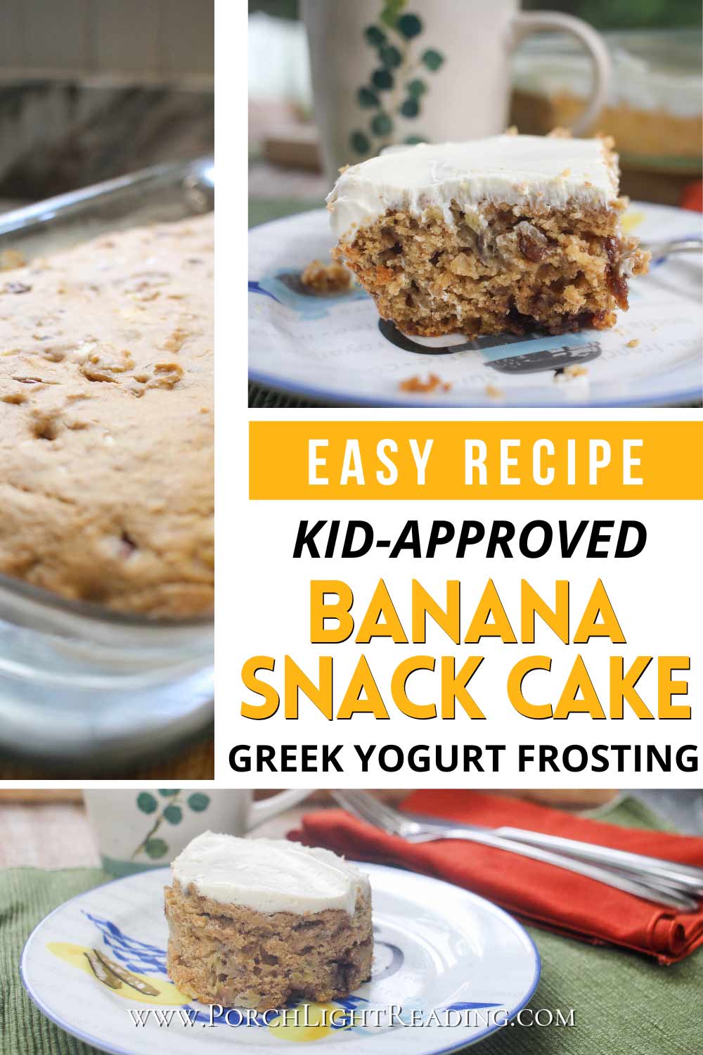 Banana snack cake Pinterest pin for social sharing.