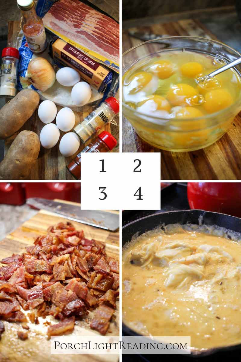 Step 1-4. Gathering ingredients, crisping the bacon and cooking the eggs.