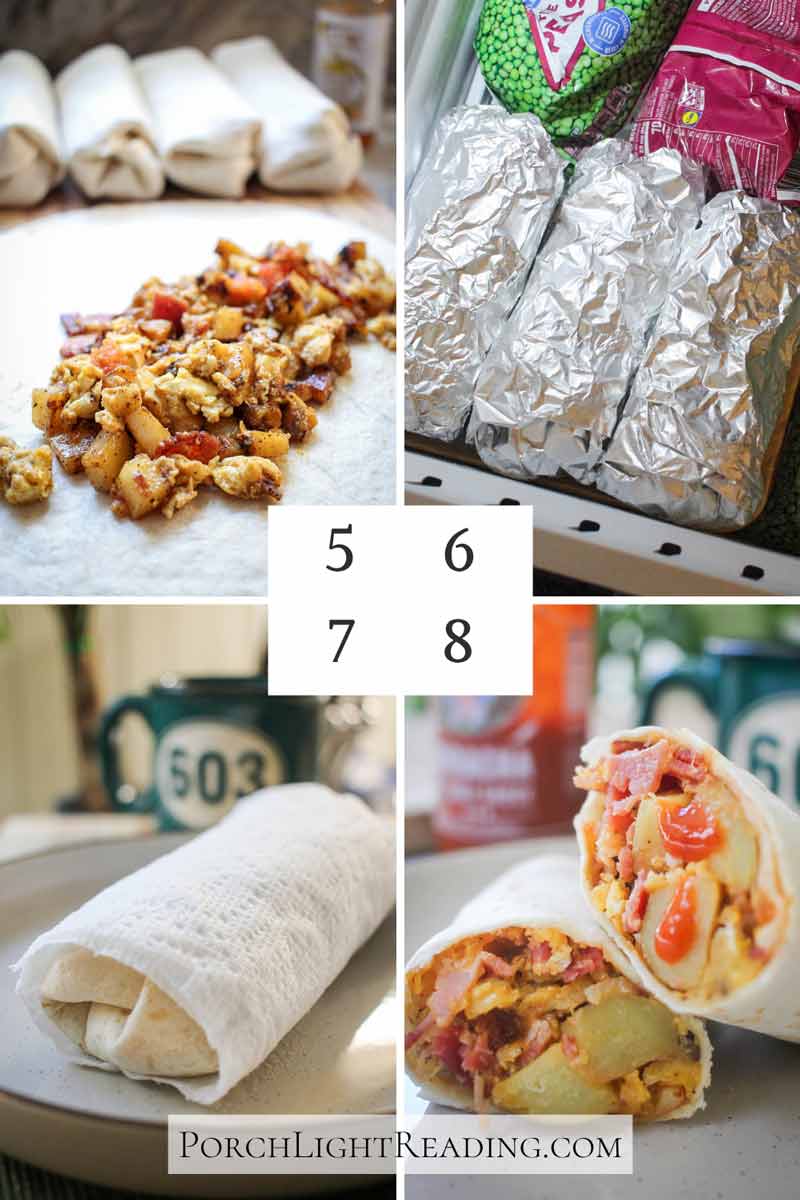 Steps 5-8. Assembling the burritos and wrapping them for the freezer.